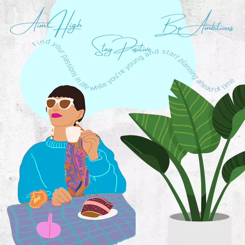 Young woman sitting down enjoy brunch, (croissant and tea) while taking in the air, relaxing.