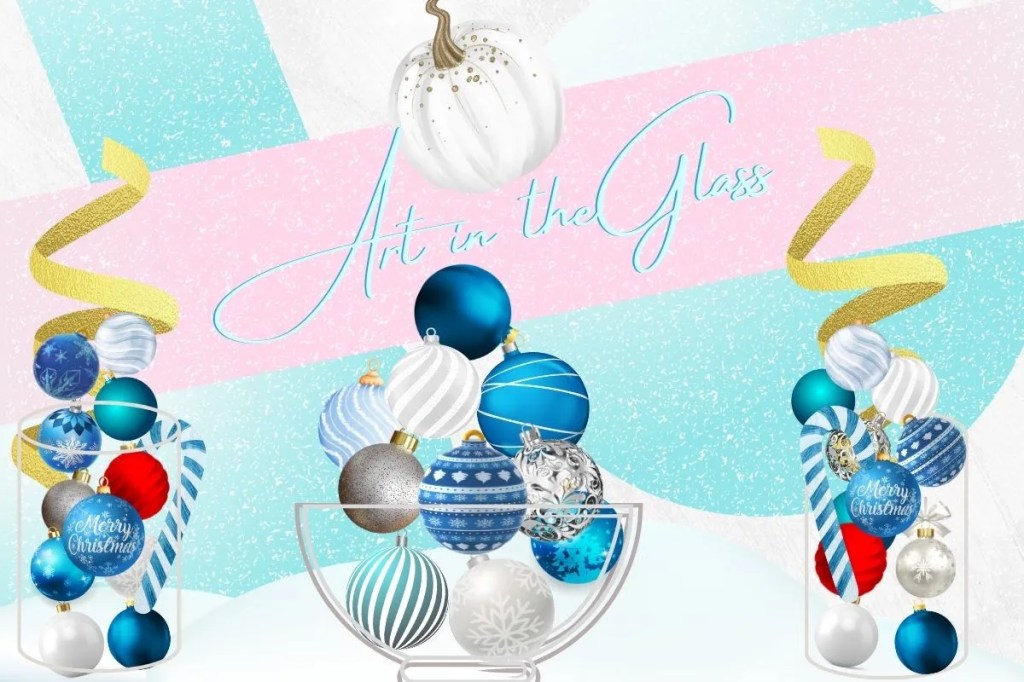 Christmas graphic featuring a white pumpkin as a center piece. Also, silver, white, red and blue Christmas bulbs placed in glass and bowls. Also, blue candy cane. Also, gold curly string.