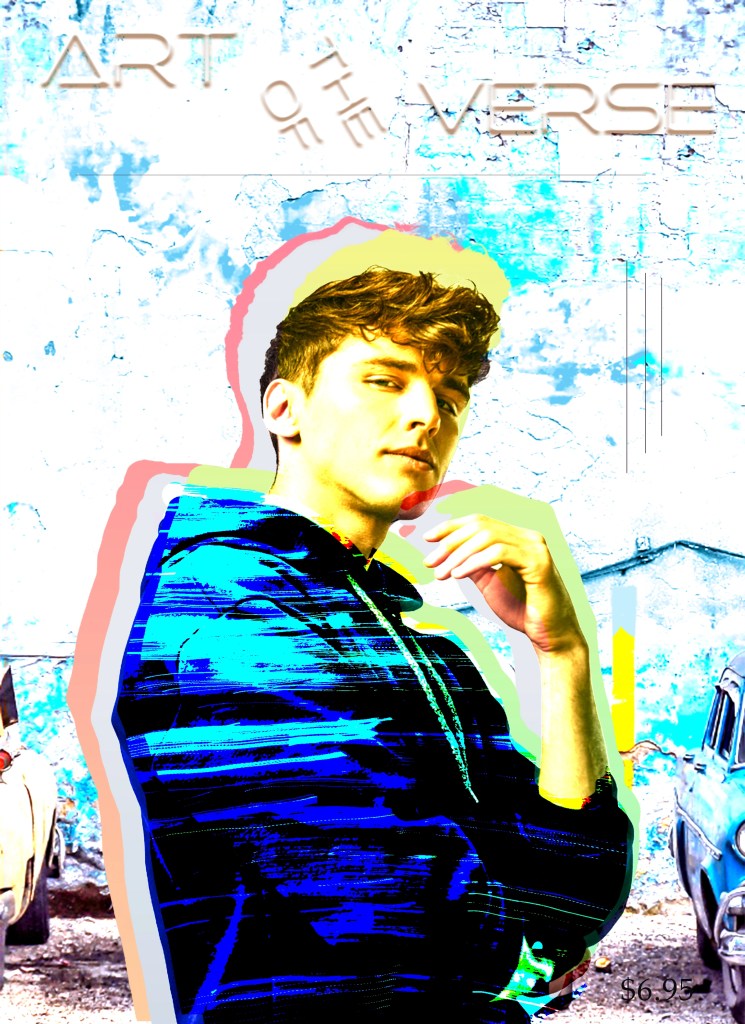 Young man striking a modern urban pose in front of vintage cars