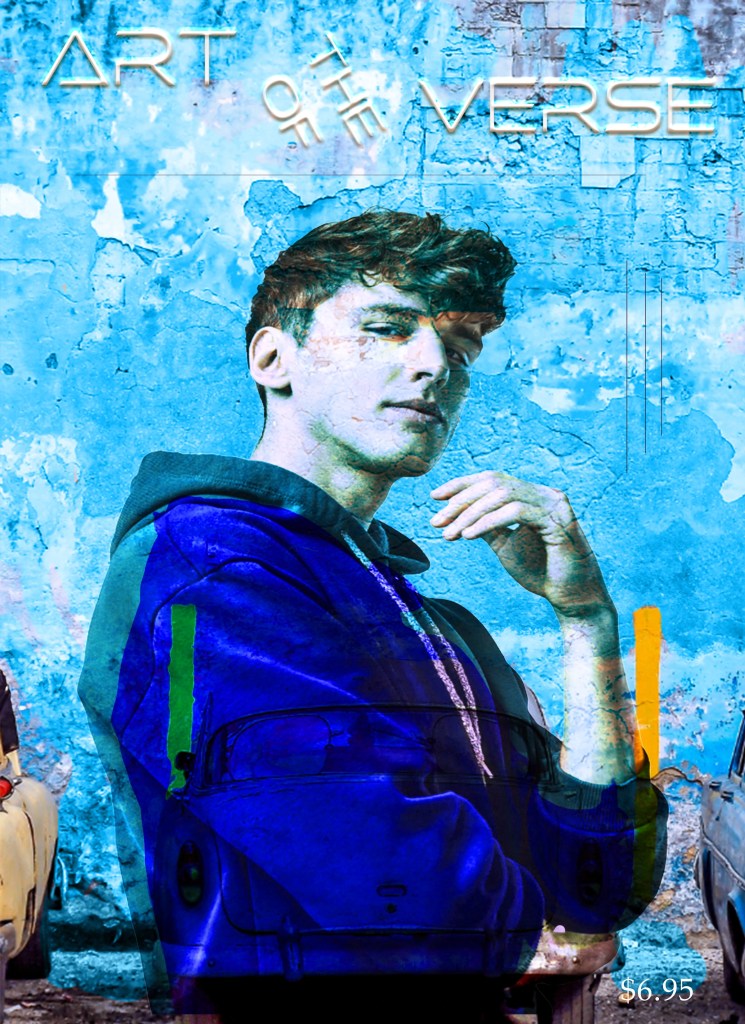 Young man striking a modern urban pose in front of vintage cars