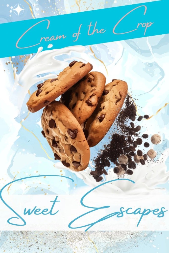 A mock cookie ad featuring chocolate chip cookies, cookie crumbs and cream