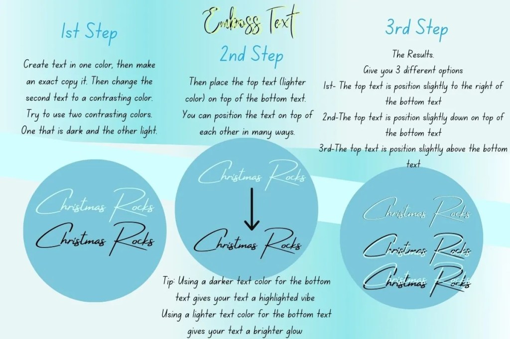 Graphic that displays steps to emboss text. Which is elevated text off the paper.