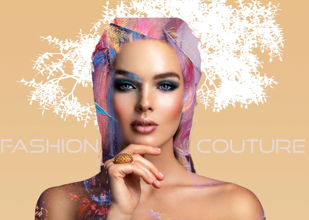 A mock fashion ad featuring a model with multicolor blend effects to the hair and tree backdrop