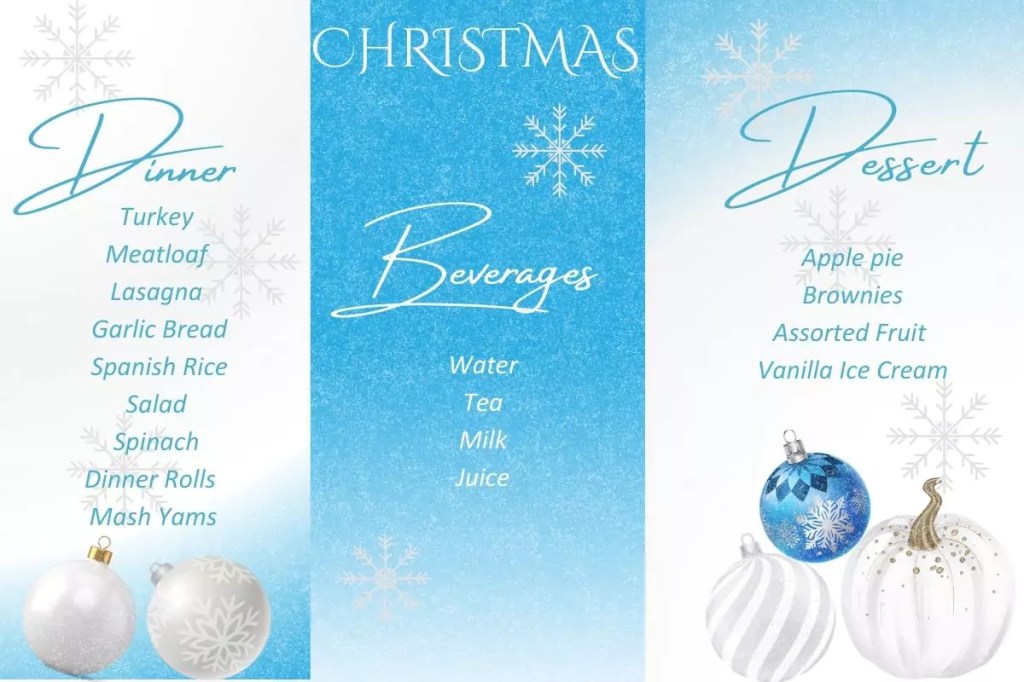 A graphic depicting a holiday menu plan