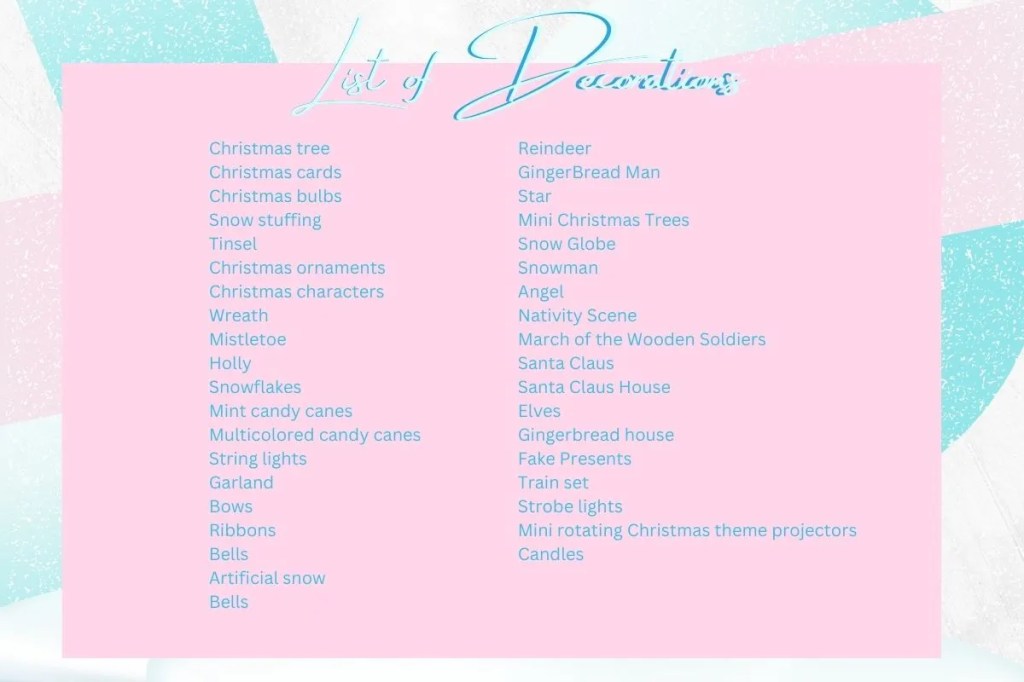 Graphic that list all the Christmas decorations