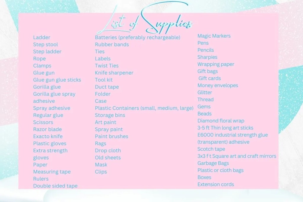 Graphic that list all supplies to assist you when putting up Christmas decorations