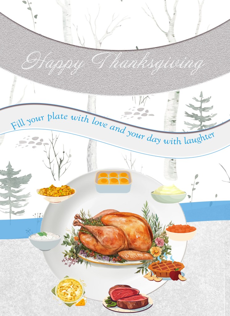 Happy Thanksgiving graphic with Thanksgiving dinner as the theme. It includes a turkey followed by popular side dishes that are placed artistically around a plate. A seasonal background tops its off.