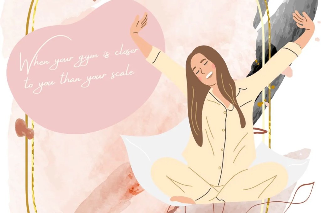 A young happy woman with pajamas on sitting in bed stretching out her arms