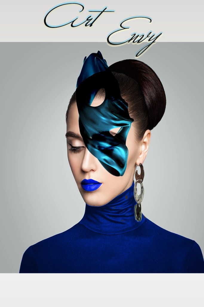 Young female model in an fashionable pose. She has a Die Metamorphose art piece covering side of her face as an artistic illustration