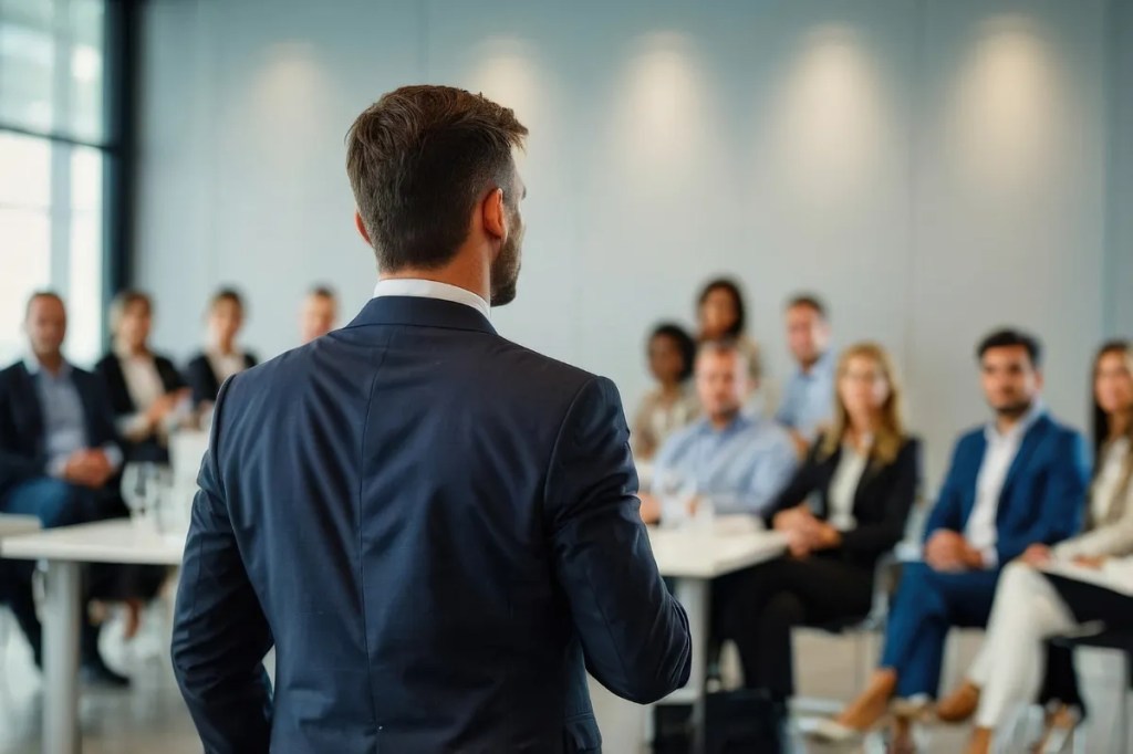 Young man giving business presentation at a meeting