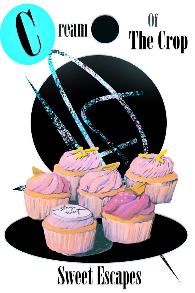 A mock cupcake ad featuring 5 vanilla cupcakes. It also features a an artistic design to make the cupcakes stand out.