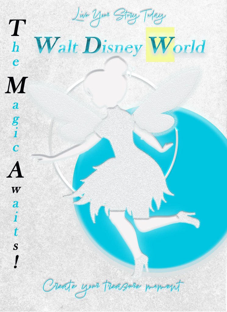 A mock ad featuring Tinkerbell in a model pose surrounded by playful colors