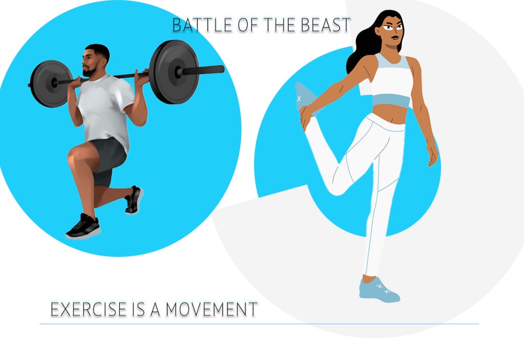 Young man lifting weights and young woman stretching leg