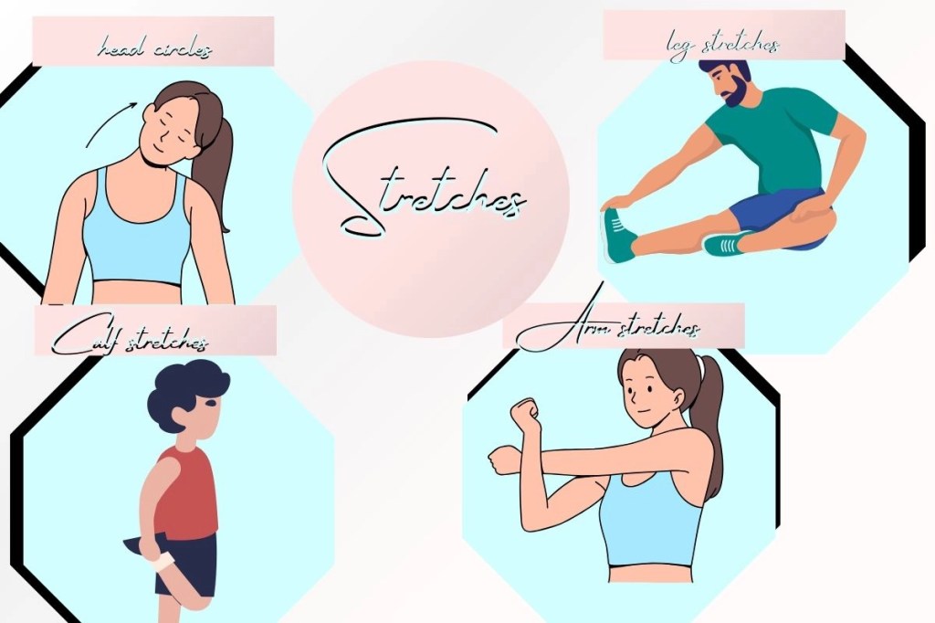 4 young people doing head circles, leg stretches, calf stretches, and arm stretches