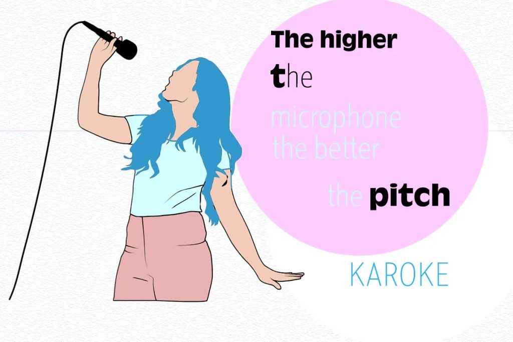 Young woman holding microphone singing into the air