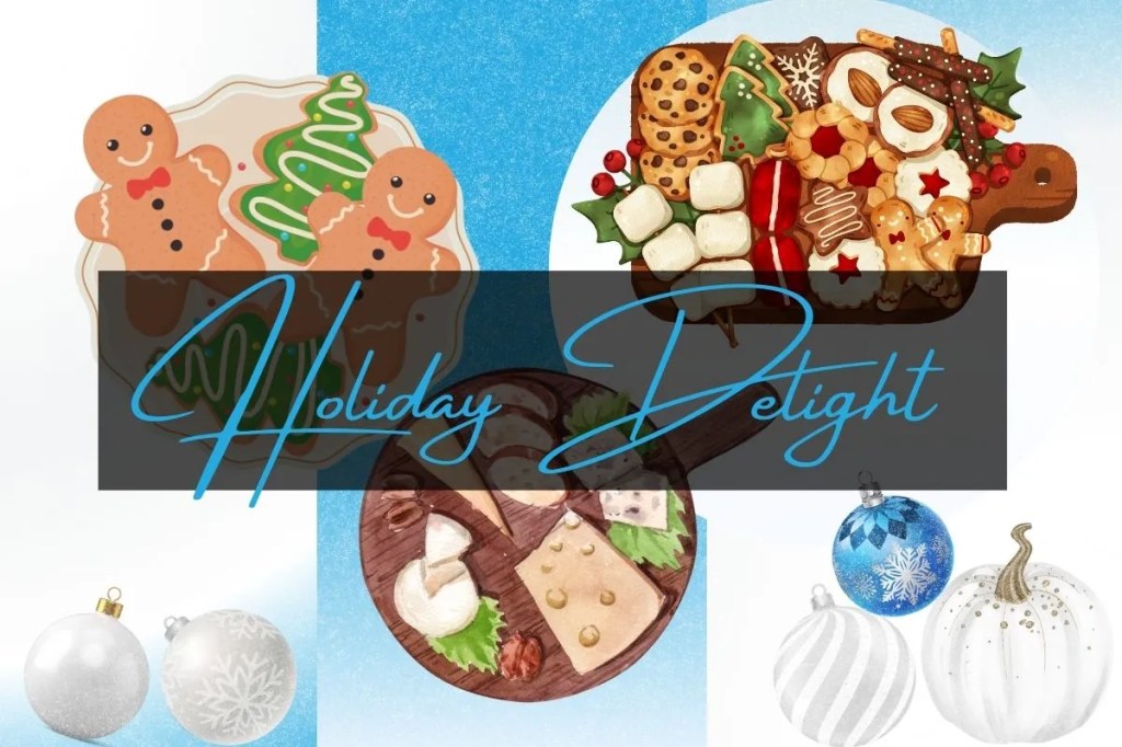 graphic platter of Christmas cookies, ginger bread man, rasberry thumbprint, almond coolies, frosted cookies, chocolate chip cookies, pretzel sticks and cheese platter