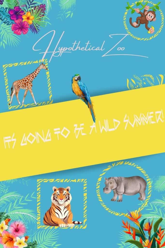 A mock graphic of a hypothetical zoo ad. It features a parrot, tiger, monkey, giraffe, hippopotamus and flowers.