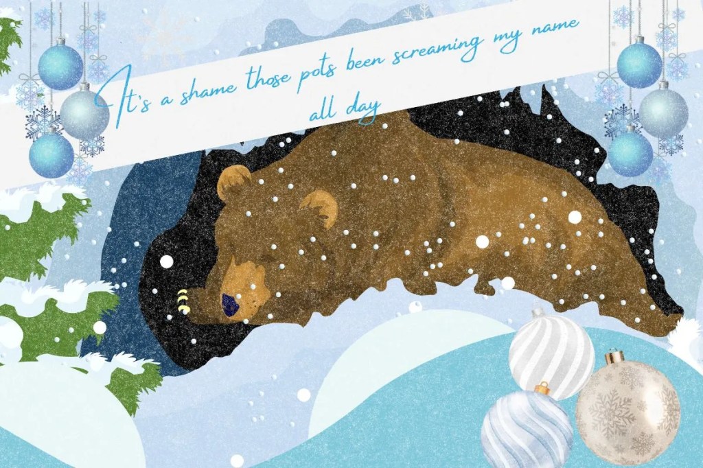 Christmas theme graphic illustration featuring a brown bear hibernating in a cave. With blue Christmas bulbs positioned in the back.