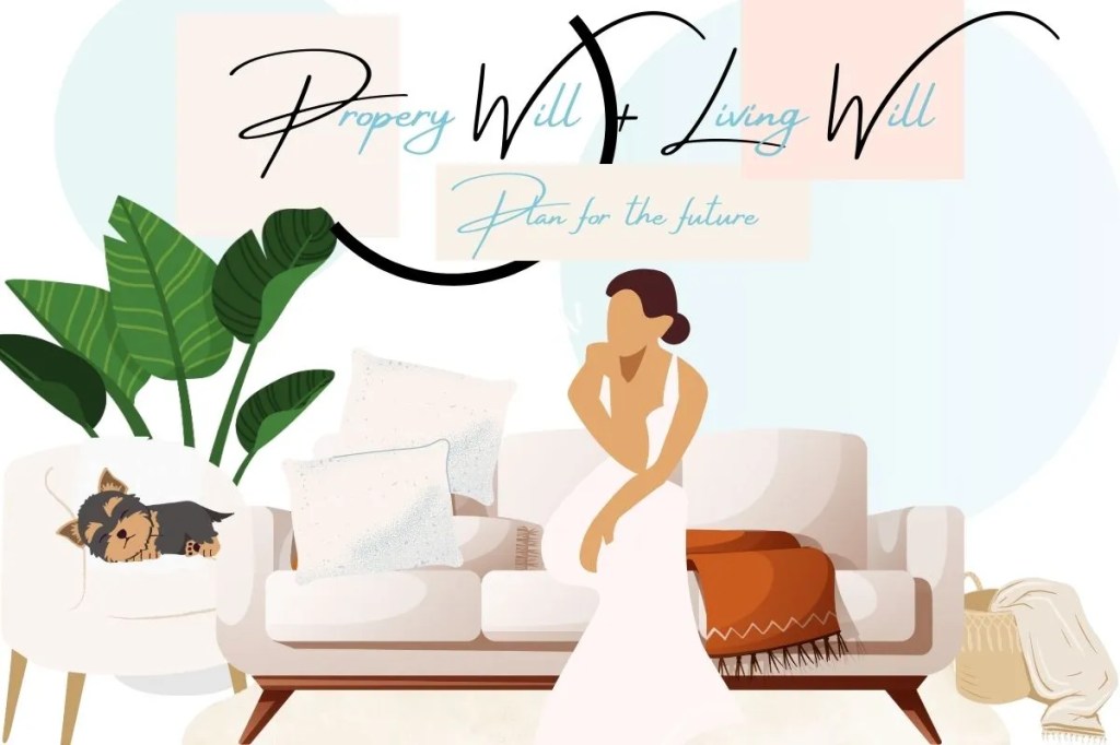 Young woman sitting down on couch pondering with a yorkie terrier. It's in a living room setting with two white pillows, a giant plant, and a throw rug. It also includes a hand basket with a scarf hanging out of it.