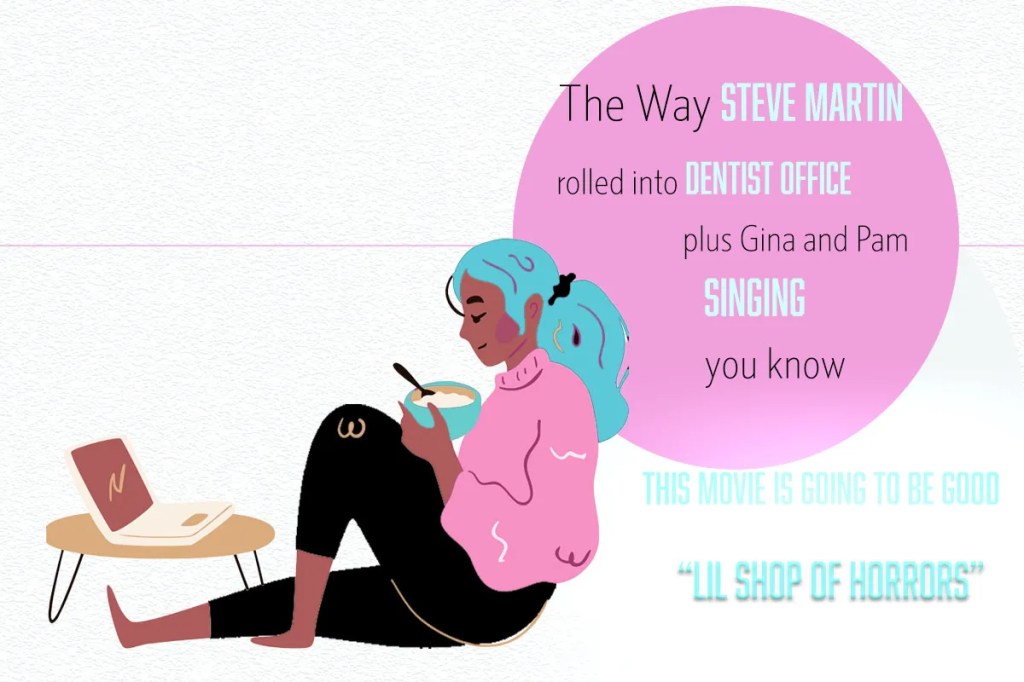 Young woman sitting down watching movie on laptop while eating a bowl of food