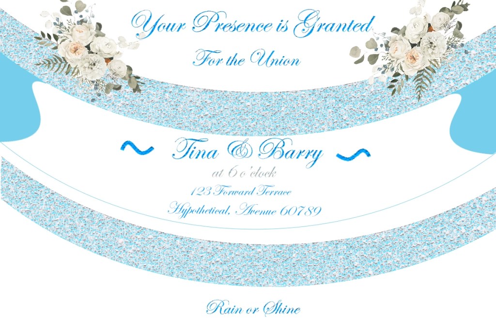 A mock graphic of a wedding invite. It features flowers on both sides. Text, your presence is requested for the union of a mock couple.