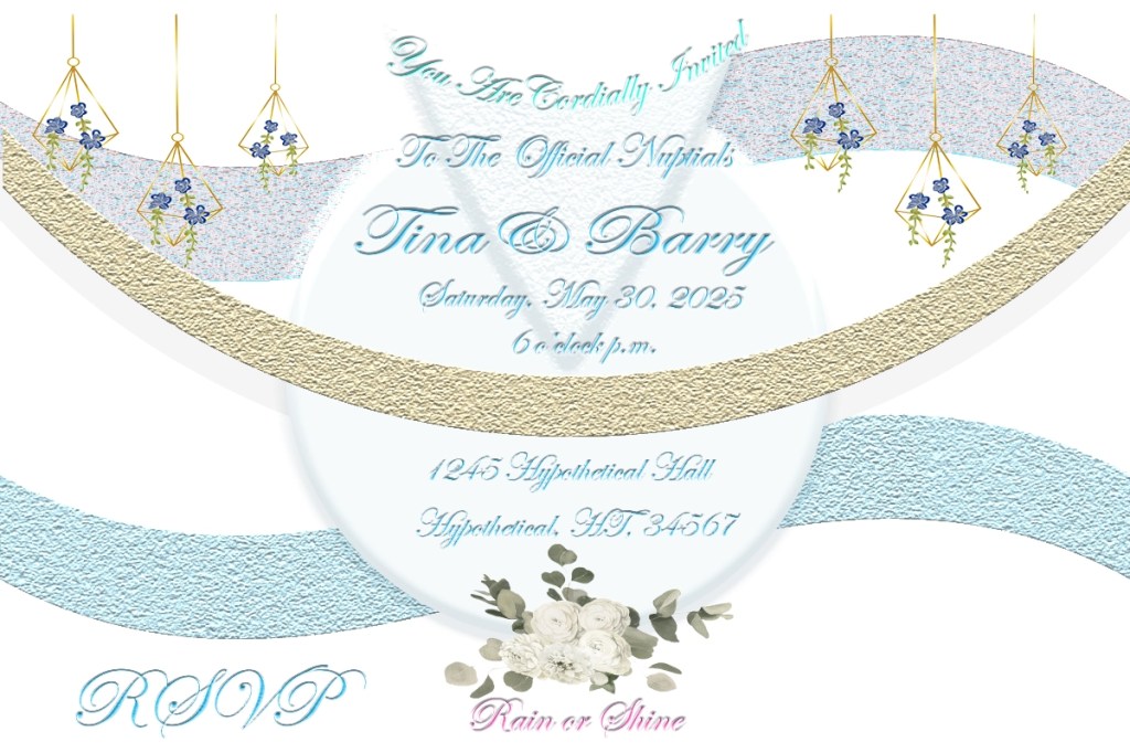 A mock graphic of a wedding invite. It features flowers and wedding laterns. Text your cordially invited to the official nuptials of a mock couple.