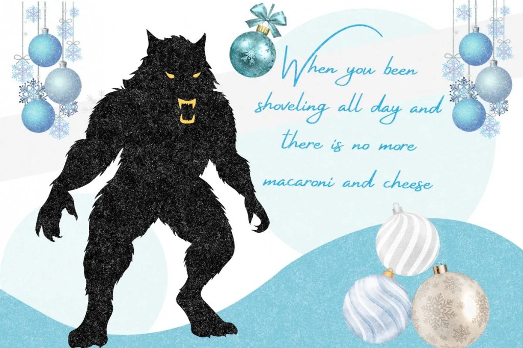 Christmas theme graphic illustration featuring a black angry wolf in a serious stance with menacing eyes and teeth. Blue Christmas bulbs positioned in the back.
