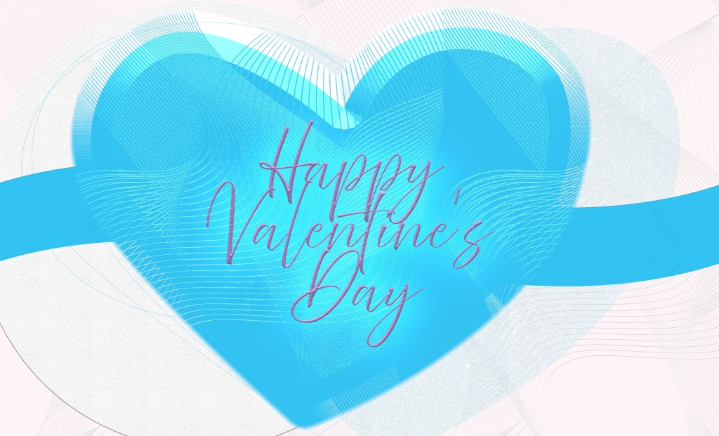 A valentine's day graphic featuring a heart. It features a circle and heart in the background. Along with a wave pattern.