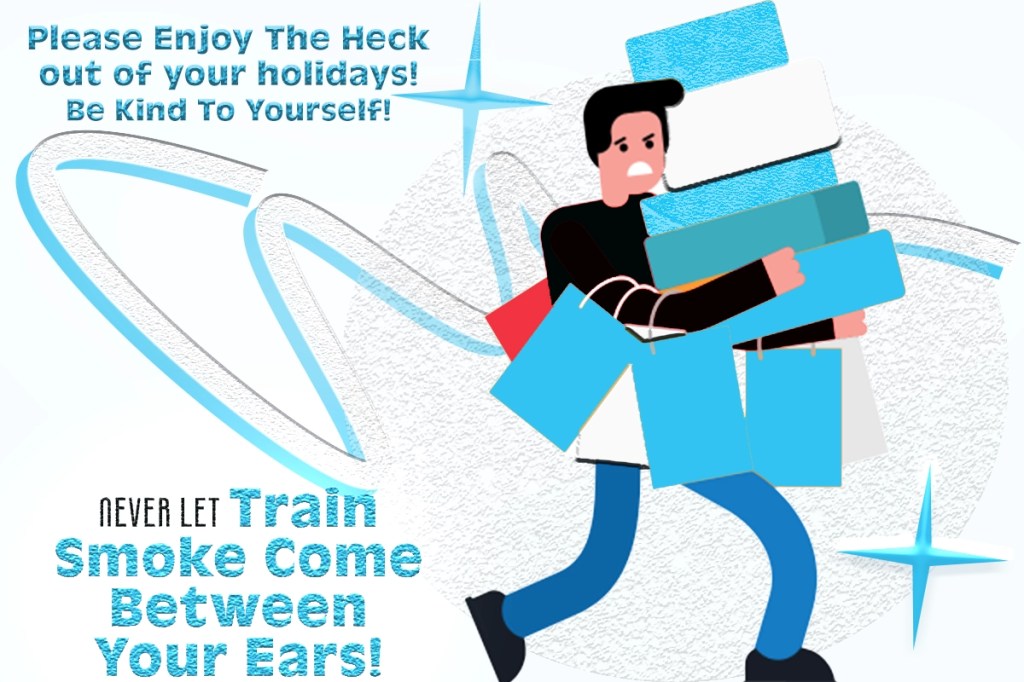 Young man carrying alot of bags and gifts during the holiday season. Also a loud speaker.