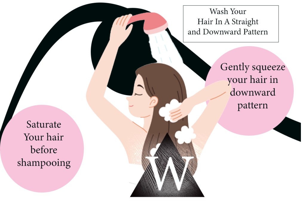 An illustration featuring a young woman washing her hair in the shower