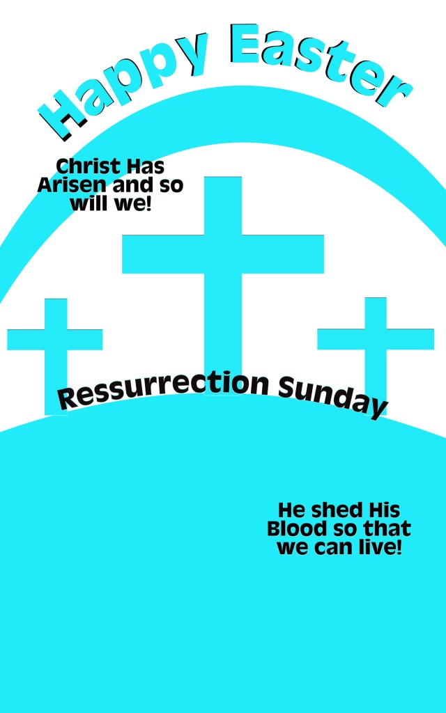 A Happy Easter graphic featuring 3 crosses illustration Jesus crucifixtion along with two others being crucified. One turned to him and believed in him. Jesus assured him you will be with him in paradise.