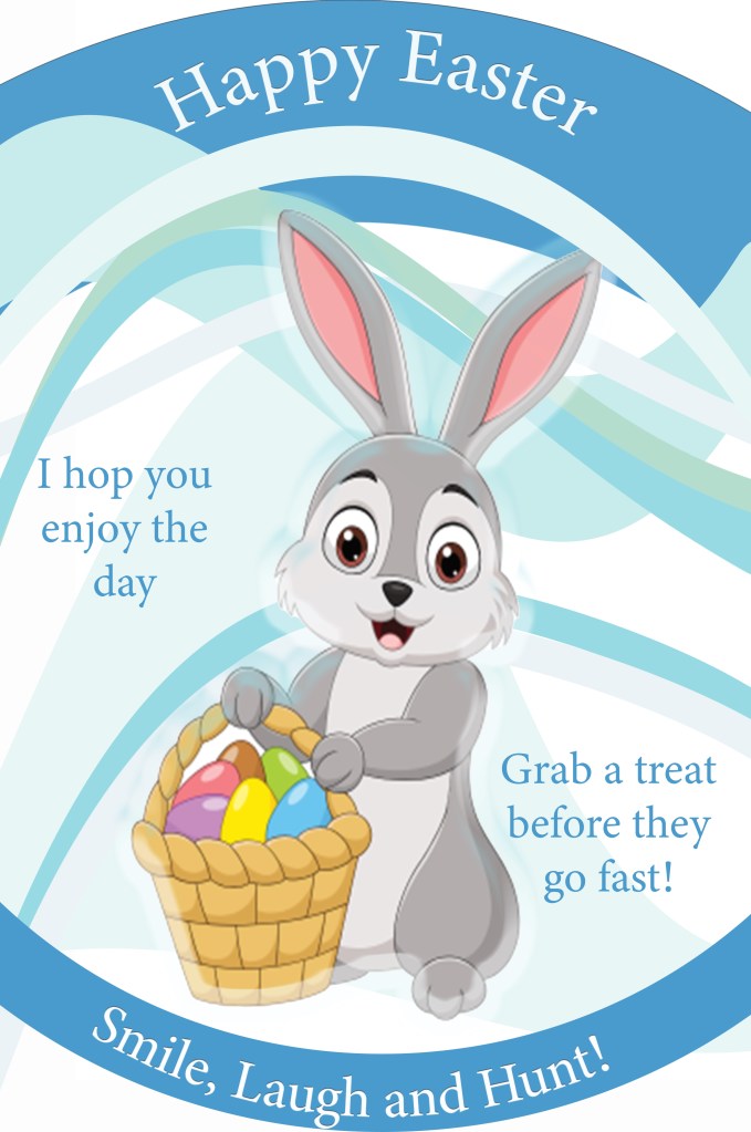 A happy easter graphic featuring a bunny holding an Easter basket with a bunch of decorated Easter Eggs. Also, surrounded by a bunch of swirls.