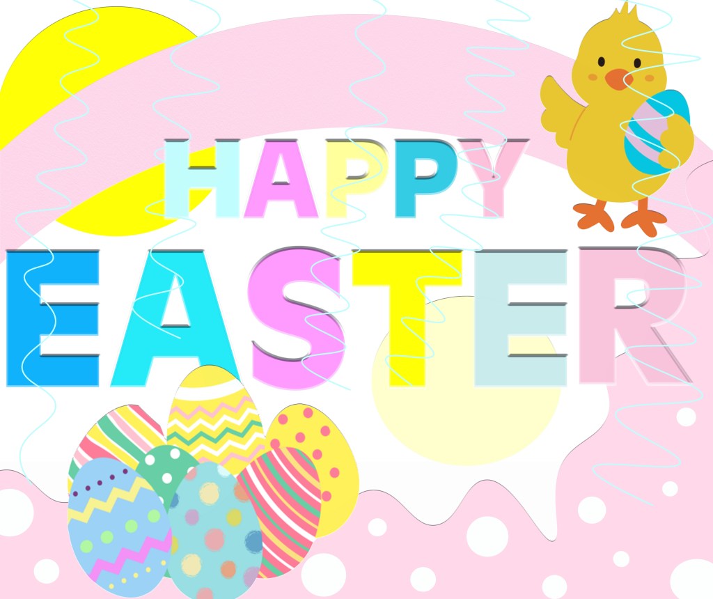 A happy easter graphic featuring a chic holding an Easter Egg and a bunch of decorated Easter Eggs. Also, Happy Easter in the middle.