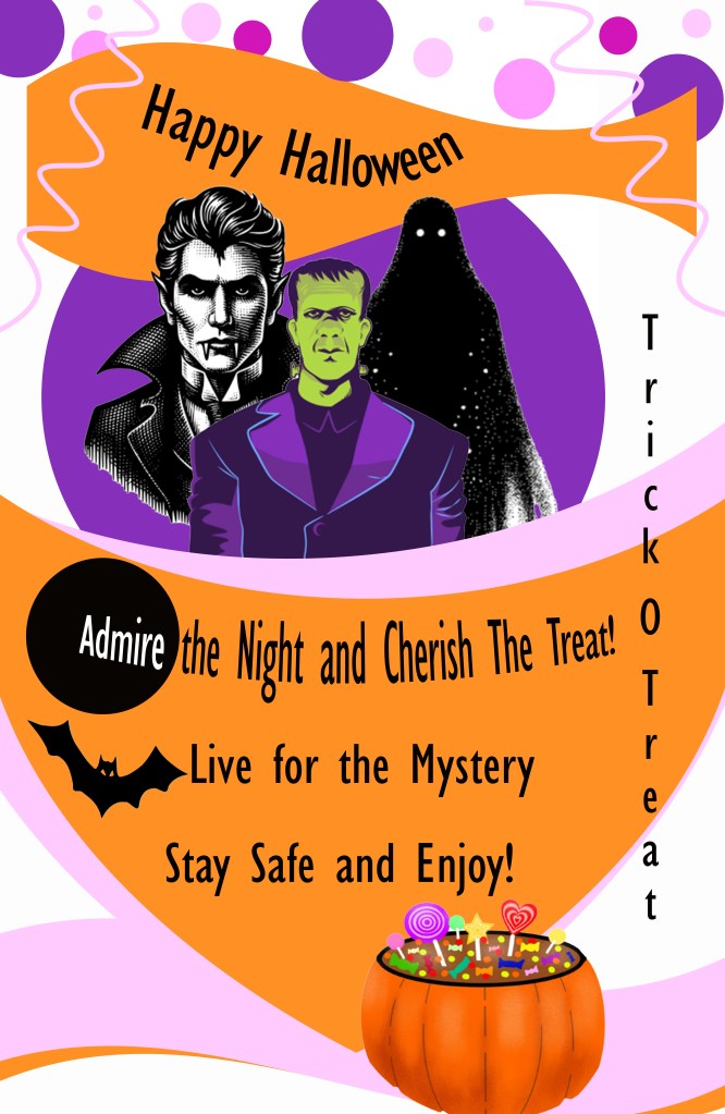 A mock Halloween card graphic featuring frankenstein, dracula, and a ghost