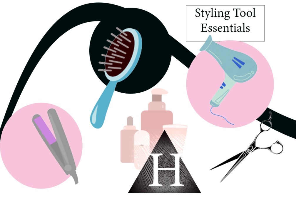 A graphic featuring key styling tools, ion flat iron, paddle brush, hair supplies, blow dryer and cutting shears