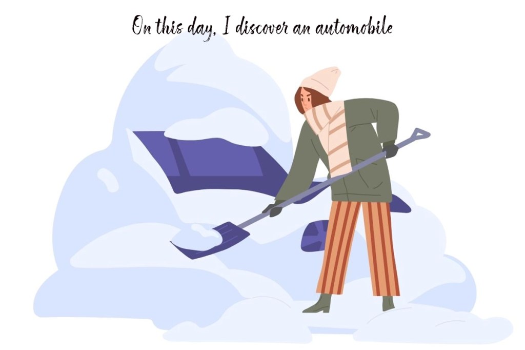 A young woman shoveling snow, freeing her car from the snow