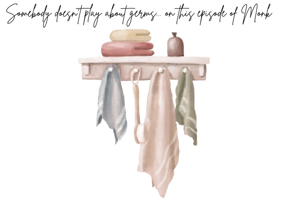 A graphic featuring two wash cloths, a long handle loofah, three towels and lotion bottle on a bathroom shelf