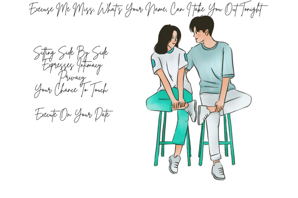 A couple sitting on stools who are sitting right next each other