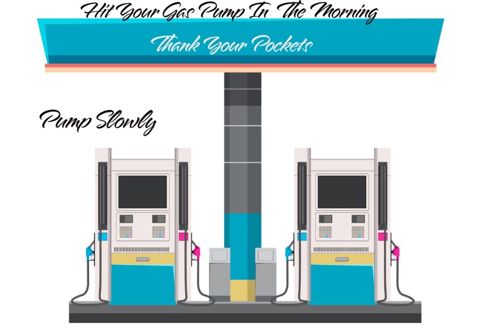 A graphic featuring a gas station with two fuel pumps