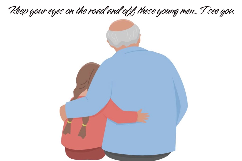 A graphic featuring a grandfather and grandaughter bonding.