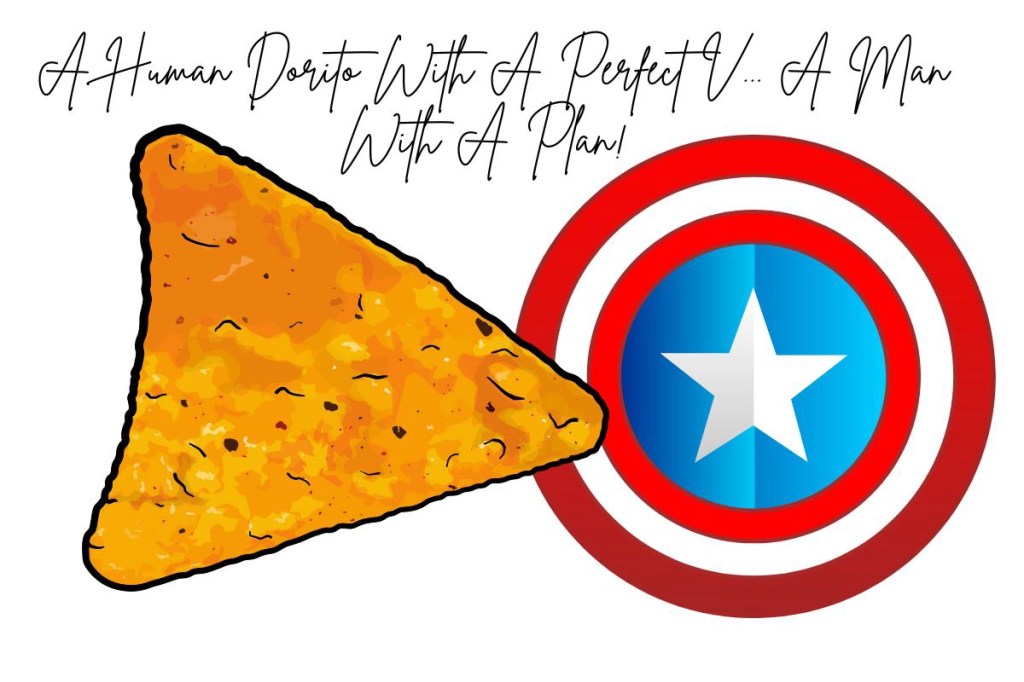 A graphic featuring a dorito and a Captain America shield