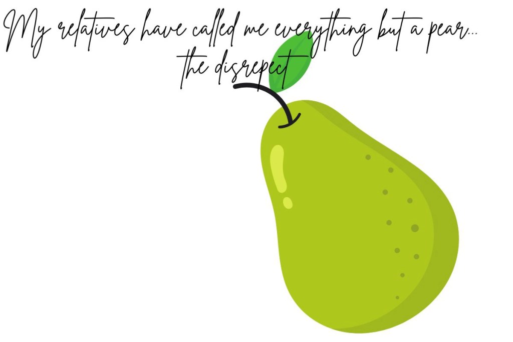 A graphic featuring a pear