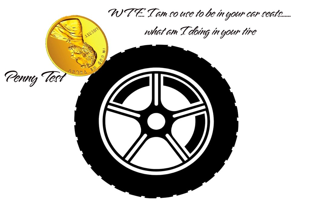 A graphic illustration depicting the penny test. It is determine if your tire treads are worn out and need to be replaced. If you see his head, then your tires need to be replaced. Pay attention to your tires to prevent accidents.
