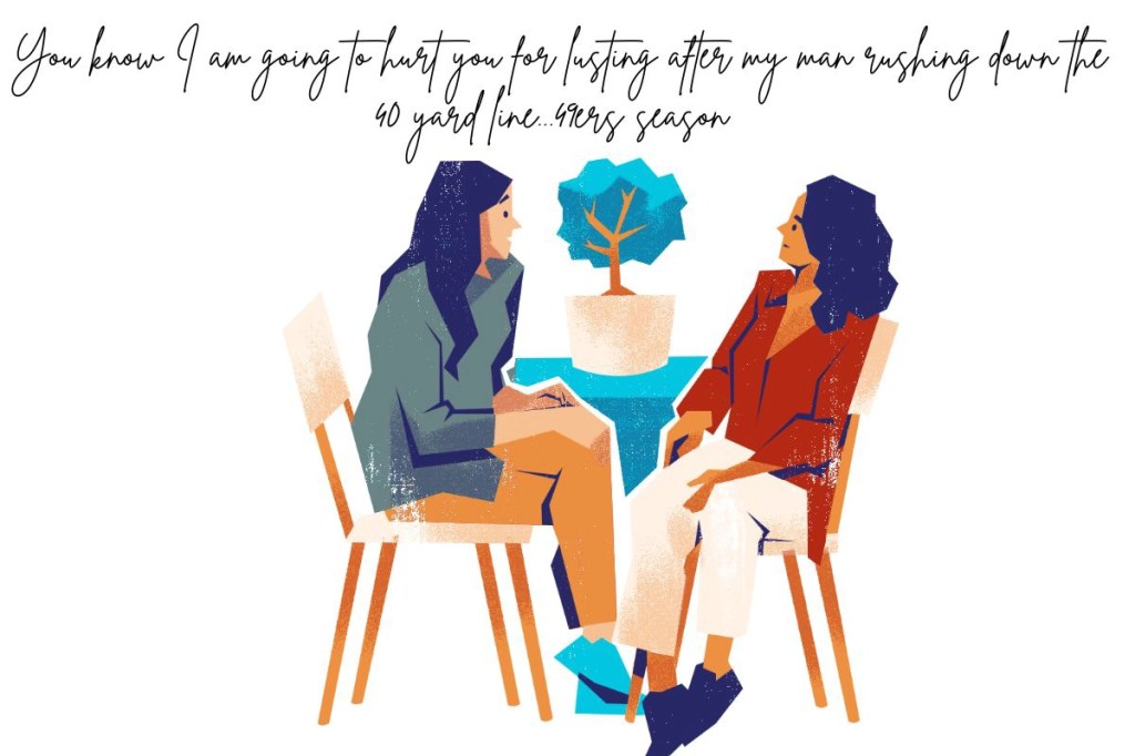 A graphic depicting two young women talking
