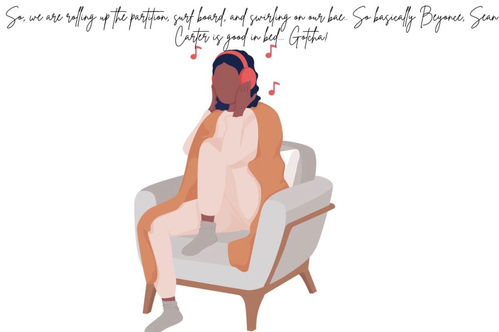 A young woman sitting on a love seat listening to music