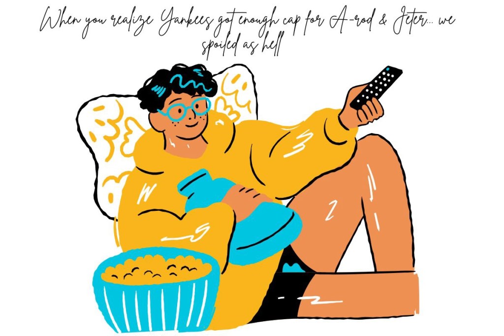 A graphic featuring young man resting on arm chair. Has a remote and bucket of popcorn watching t.v..
