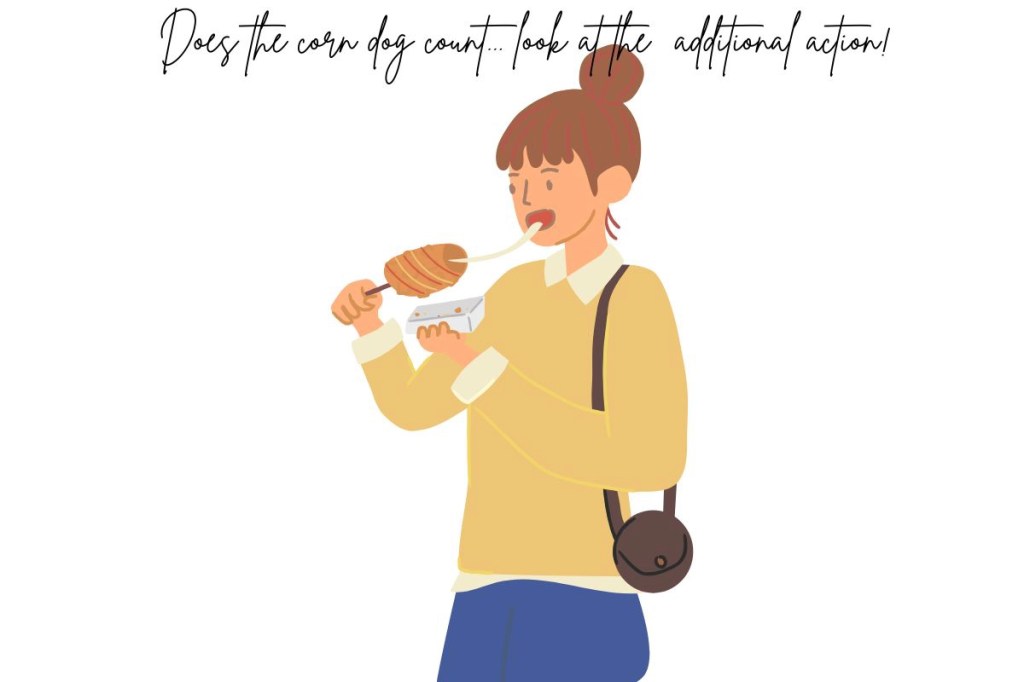 A young woman eating a corn dog