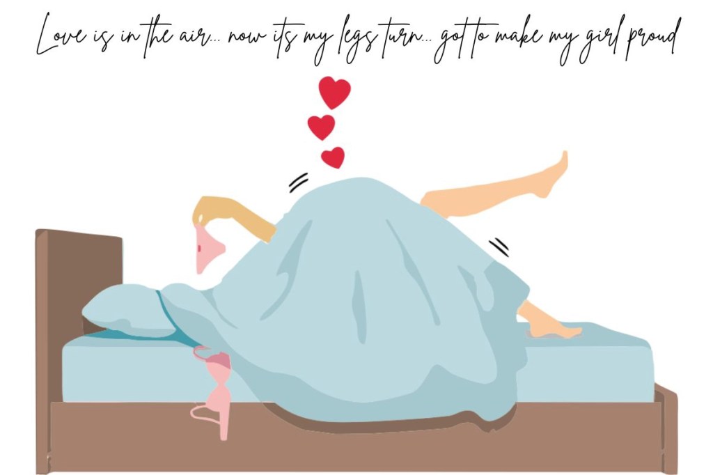 a young couple making love. The young woman ia holding underwear. A bra is laying on the side. Hearts in the air.