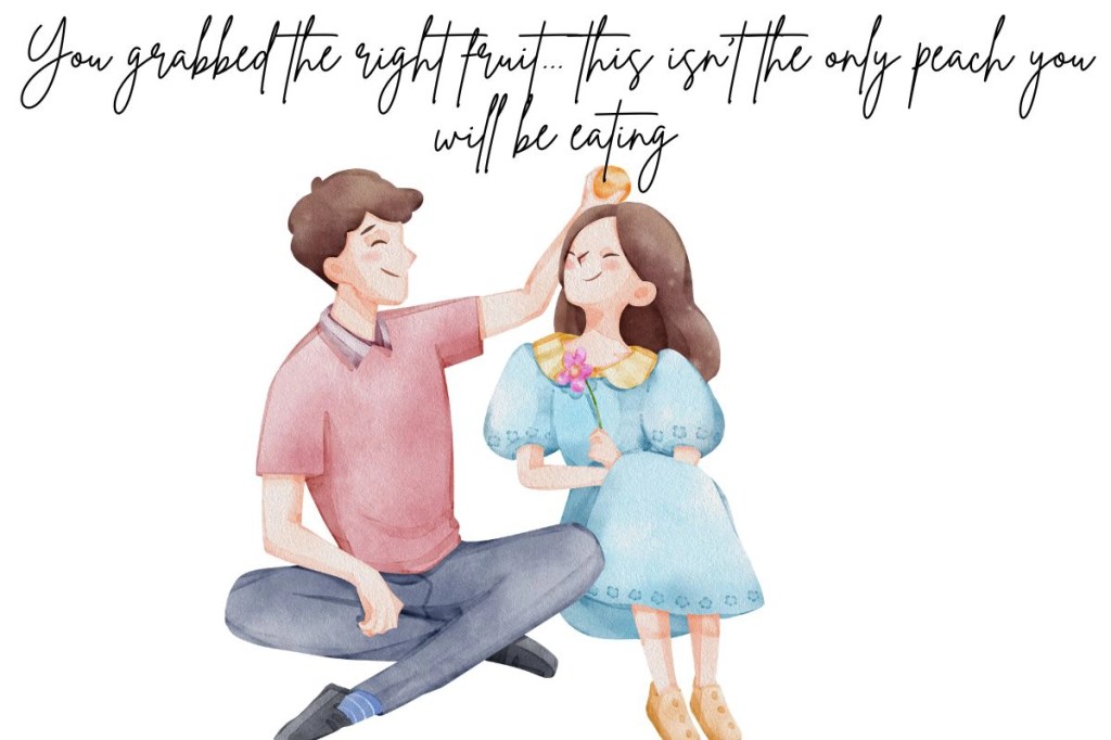 A young couple talking and enjoying each other's company. The young man is holding a peach