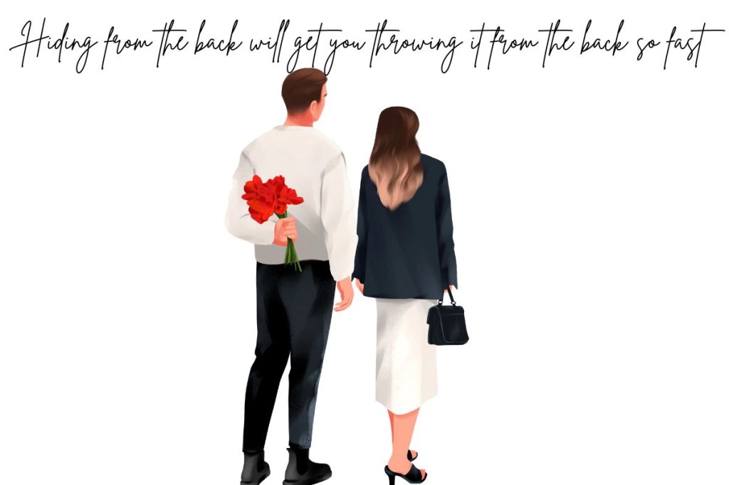 A young couple going out on a date. A young man holding flowers as a surprise